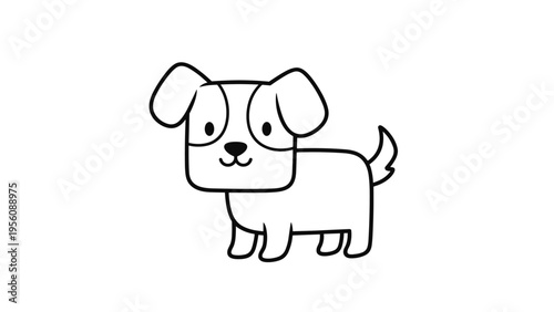 Simple black and white line drawing of a small puppy standing sideways with a patch over one eye and a tiny tail.