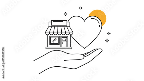 Line art illustration showing a hand holding a small shop building next to a large heart with a bright yellow sun.
