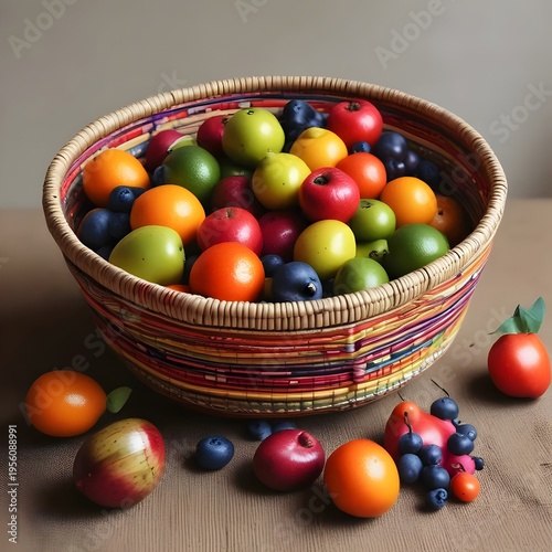 Colorful Woven Basket Overflowing with Fresh Fruits on Wooden Table