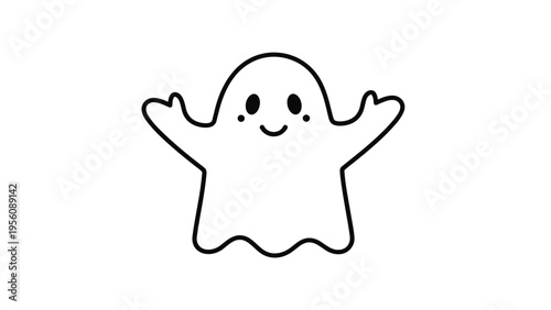 Cute black and white line drawing of a small ghost with its arms raised and a friendly smiling face for halloween.