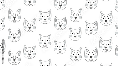Cute black and white pattern background featuring many small dog faces with rosy cheeks on a plain white surface.