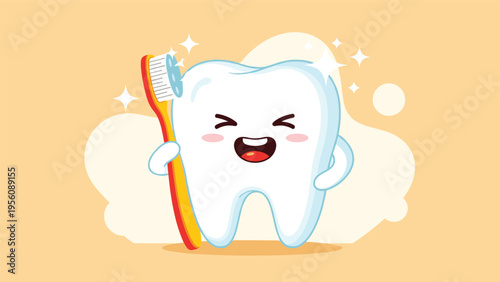 Cheerful cartoon character of a white tooth holding a yellow toothbrush and smiling on a bright orange background.