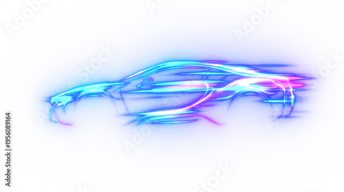 Futuristic neon sports car motion light trail overlay isolated on transparent background. 