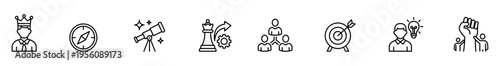 Leadership direction exploration strategy teamwork goal innovation icon outline set featuring king compass telescope chess pawn network target idea and raised fist symbols for business planning