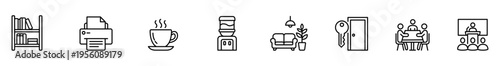 Office icon line outline furniture equipment workplace interior bookshelf printer set showing coffee cup, water cooler, sofa with plant, door with key, meeting table, presentation screen