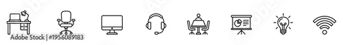 Office desk chair computer monitor headset meeting presentation idea icon set, line art symbols for workplace, remote work, teamwork, brainstorming, wifi connection, black outline white background