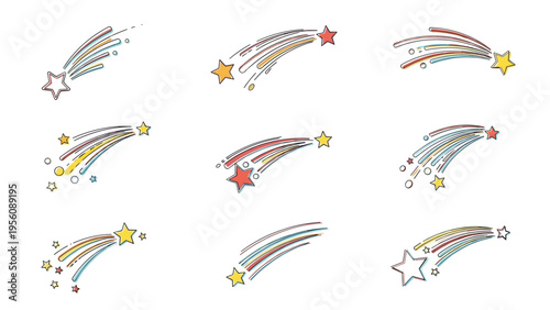 Large set of different shooting star illustrations with colorful tails and various star shapes for a creative space design.