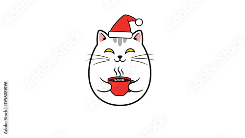 Festive cartoon illustration of a cute white cat wearing a red santa hat and holding a steaming cup of coffee or cocoa.