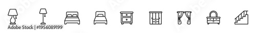 Furniture icon set lamp bed nightstand wardrobe curtain staircase, minimalist black outline home interior symbols for bedroom and living room, simple line collection for app and web design