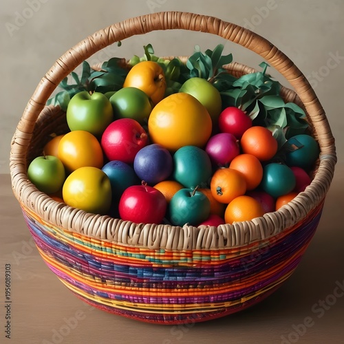 Colorful Woven Basket Filled with Fresh Fruits on Wooden Table