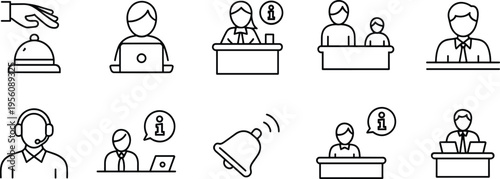 Black line of people working at desks and counters with computers and speaking