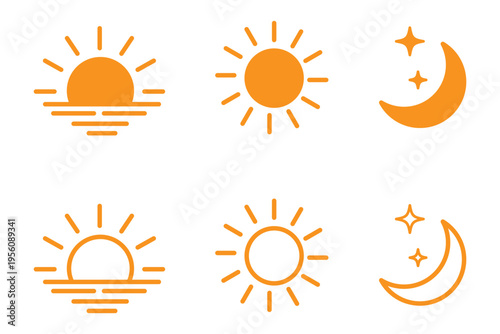 Sun and moon icon set. Day and night or dark and light mode icons. Brightness symbol.