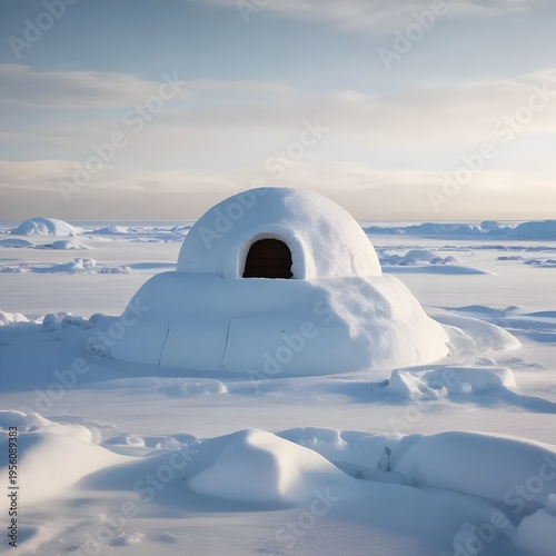 Snowy Igloo in Arctic Landscape with Icebergs and Cloudy Sky