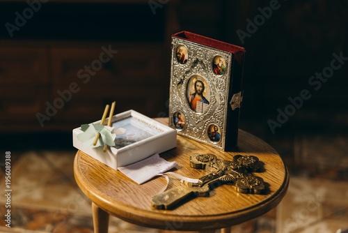Orthodox baby baptism religious set bible cross candles wooden table