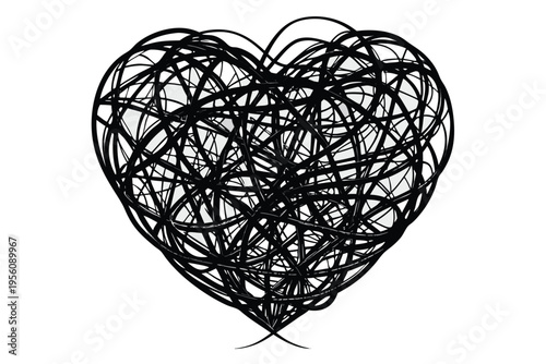 A heart shape filled with a messy tangle of lines, representing complex emotions and psychological struggles.