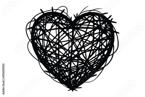 Monochrome heart icon with tangled scribbles inside, signifying mental anguish, emotional disorder, and stress.