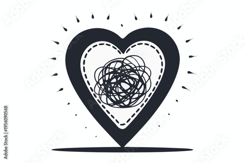 Anxious heart symbol depicted with messy, tangled lines, representing emotional turmoil and mental strain.