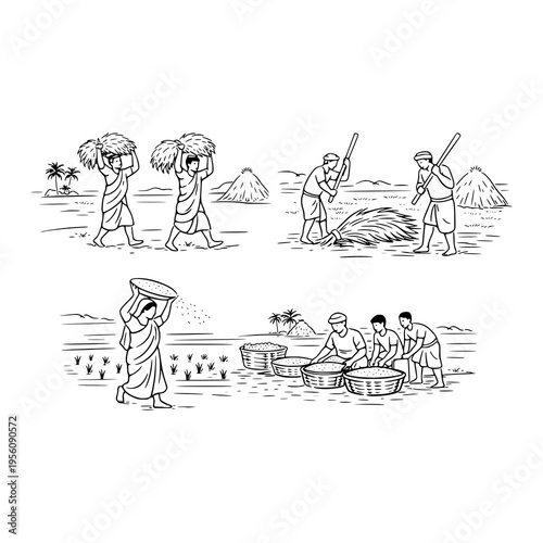 AI Generated Minimal Line Art Collection of Traditional Rice Farming Activities in Rural Village