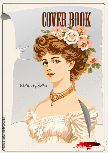 075-03-Vintage illustration of a gibson girl on a book cover with a bloody quill pen predicting a mystery novel