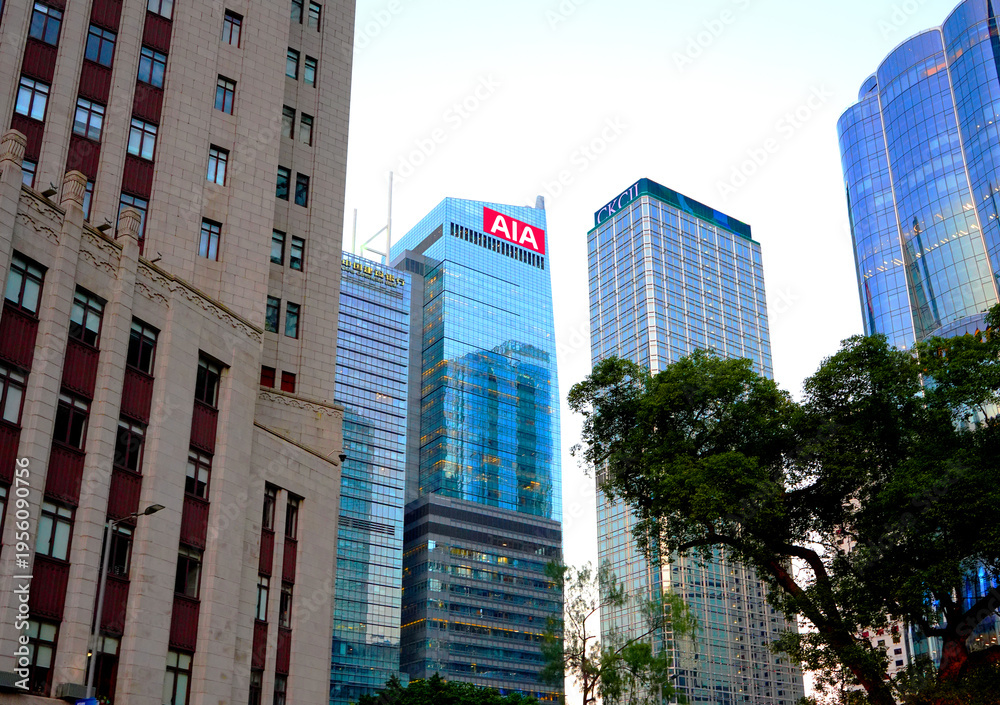 Naklejka premium China Construction Bank and AIA Hong Kong Group, Central Cheung Kong Center towers skyscrapers. Central Business District China, Hong Kong, Jan 8, 2026.