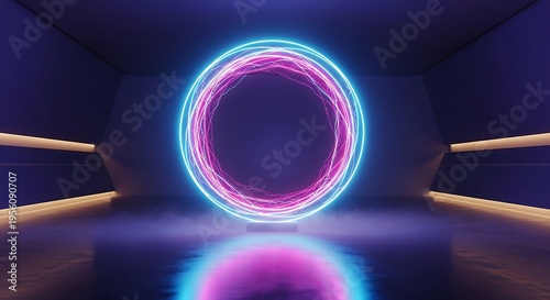 Wallpaper Mural Glowing neon circle portal in dark futuristic tunnel with reflections Torontodigital.ca