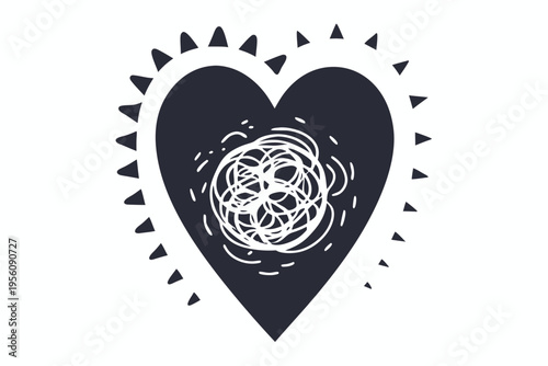 Black and white vector graphic of a heart containing a tangled scribble, symbolizing emotional distress and complications.
