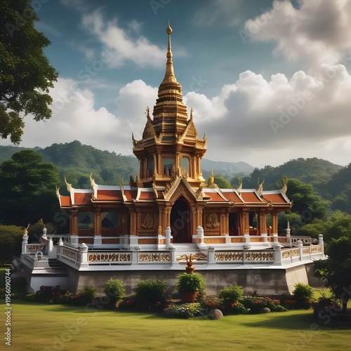 Traditional Thai Temple in a Serene Natural Setting with Golden Architecture