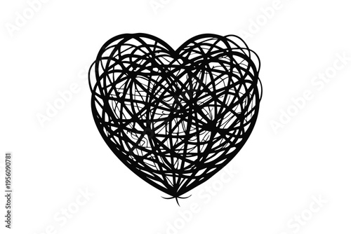 Illustration of a heart filled with a chaotic scribble, representing emotional entanglement and mental anguish.