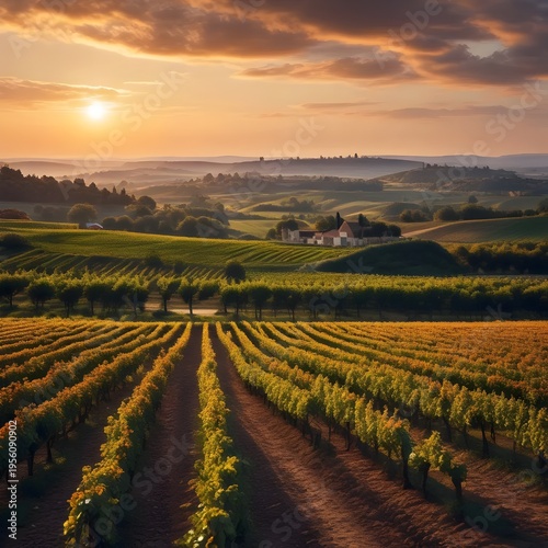 Sunset over a serene vineyard landscape with rolling hills and lush greenery