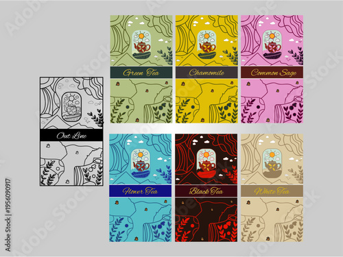 Herbal Tea Packaging Label Set with Botanical Landscape Illustration