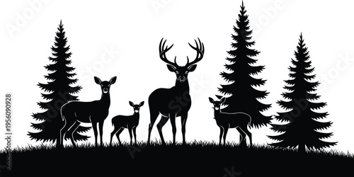 Black silhouette of a deer family with a large buck, doe, and fawns standing in a pine forest meadow on a white background (25 words)