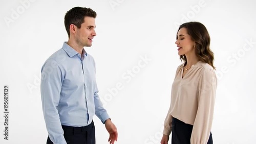 Man and woman talking against white background communication concept