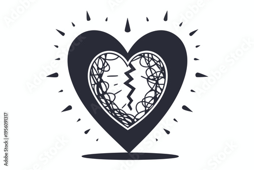 Conceptual monochrome heart icon filled with a tangled scribble, illustrating emotional pain and mental distress.