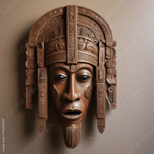 Ancient Mayan or Aztec Copper Mask with Intricate Carvings and Hieroglyphics