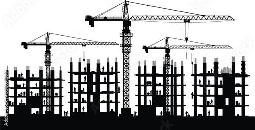 Black silhouette of construction site with tower cranes and workers building high rise structures for urban development industry and architecture project on white background (25 words)