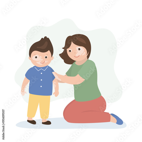 positive boy and mother with vitiligo disease. People with skin diseases as personal feature. People suffering from dermatological illness or vitiligo syndrome.