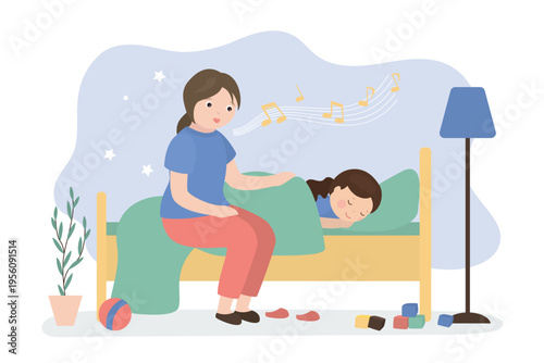 Mother sing song bedtime sitting on child bed preparing kid for sleep. Mom sing lullaby to sleepy daughter. Caring mom make little girl child to sleep. Room interior.