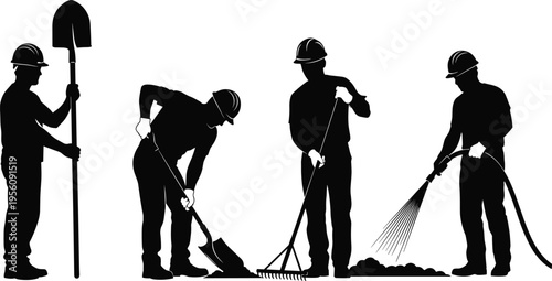 Black silhouettes of construction workers in hard hats using shovels rakes and water hoses for landscaping manual labor and roadwork on white background (24 words)