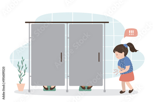 Little girl holding on to sore belly. Kid with abdominal pain goes to the toilet. Caucasian child with digestive problems. Toilet doors closed, occupied wc. Unhappy kid waiting restroom.