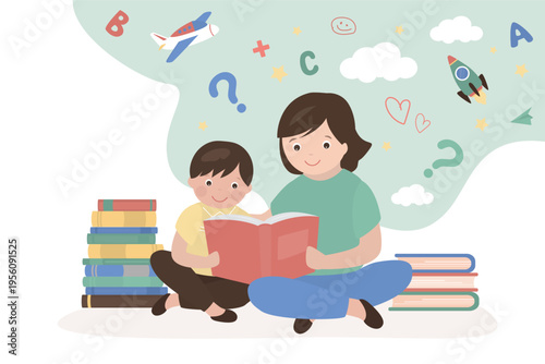 Mother reading for kid. Family sitting with book. Parent and child reading books together at home. Motherhood, mom spending time with son