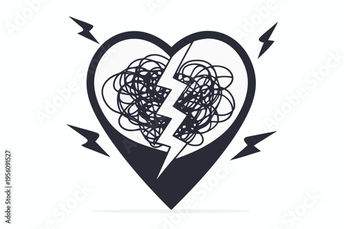 Minimalist vector art of a heart with chaotic scribbled lines inside, symbolizing emotional pain and mental health issues.