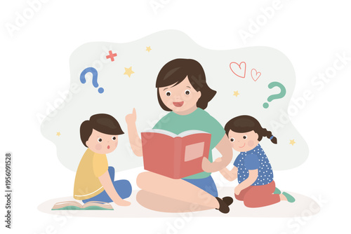 Mother reading for kids. Family sitting with book. Smart parent and children reading books together at home. Motherhood, mom spending time with son and daughter.