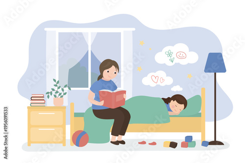 Mother reading aloud bedtime stories sitting on child bed preparing kid for sleep. Mom reading book to sleepy daughter. Caring mom make little girl child to sleep