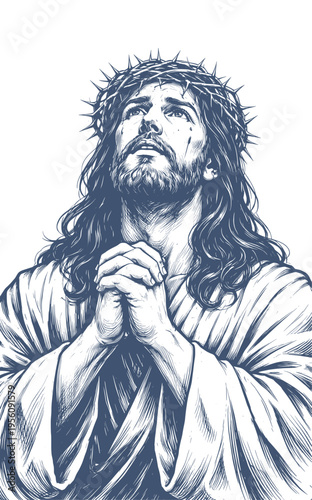 hand drawing illustration of a jesus christ in praying poses devoutly (obedience in religion)