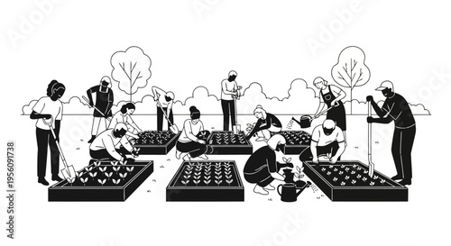 People Planting in Community Garden Black and White Line Art Illustration EPS10 Stock.eps