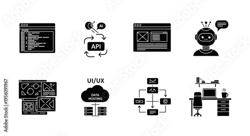Modern black glyph icons illustrating software development AI data and web technology EPS10 Stock.eps
