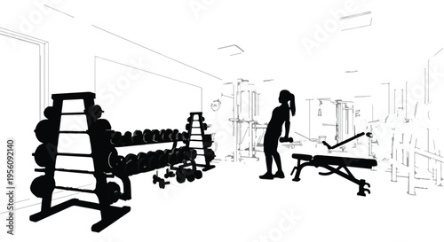 Fitness woman working out in modern gym with dumbbells and equipment, healthy lifestyle and exercise concept