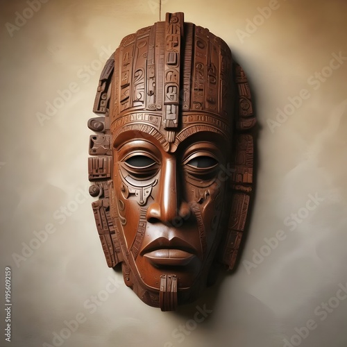Intricately Carved Aztec-Style Mask on Beige Background