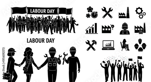 Black Silhouette Labour Day Workers and Industry Vector Icons EPS10 Stock.eps
