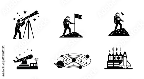 Black and White Astronomy and Space Exploration Silhouette Icons EPS10 Stock.eps